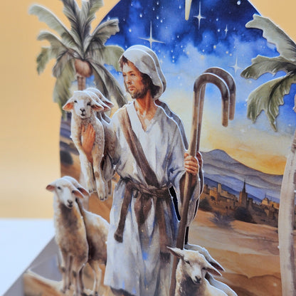 Handmade Pop-Up Christmas Card, 3D Decoupage Shepherd & Star Nativity Scene