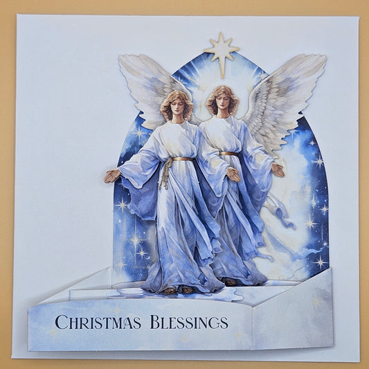 Handmade Pop-Up Christmas Card, 3D Decoupage “Christmas Blessings” Angel Nativity Scene