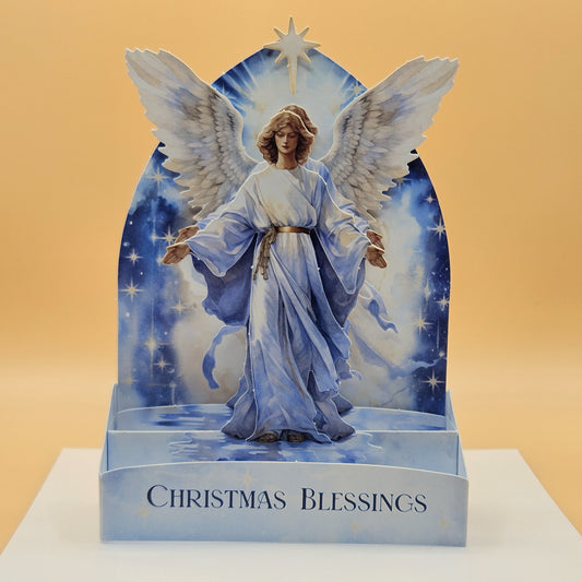Handmade Pop-Up Christmas Card, 3D Decoupage “Christmas Blessings” Angel Nativity Scene