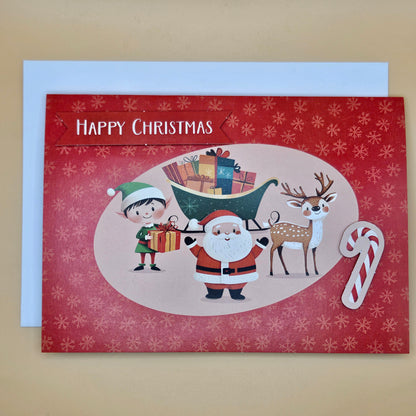 Handmade Pop-Up Christmas Card, Santa's Workshop with Elves and Reindeer Tiddly Pom Cards