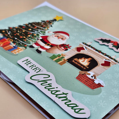Handmade Pop-Up Christmas Card, Santa & Fireplace Holiday Greeting