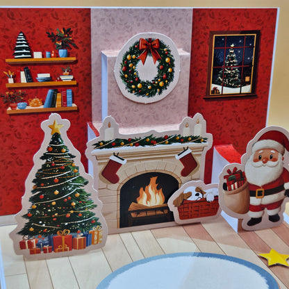 Handmade Pop-Up Christmas Card, Santa & Fireplace Holiday Greeting