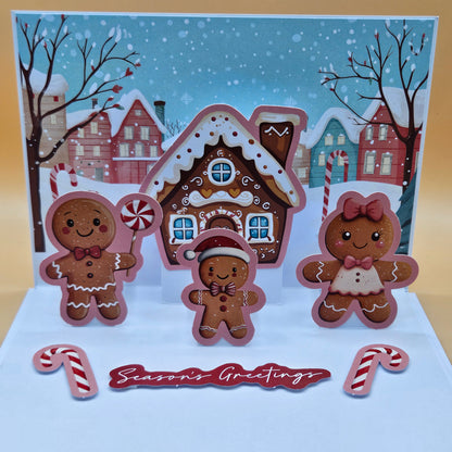 Handmade Pop-Up Christmas Card, Season’s Greetings, Gingerbread House & Family