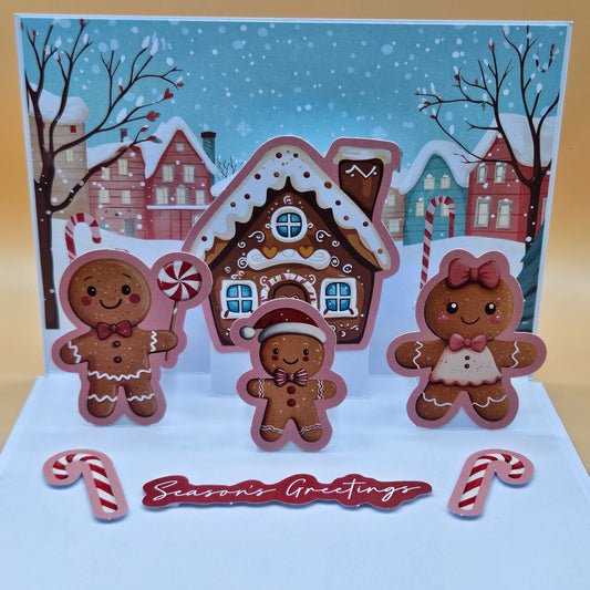 Handmade Pop-Up Christmas Card, Season’s Greetings, Gingerbread House & Family