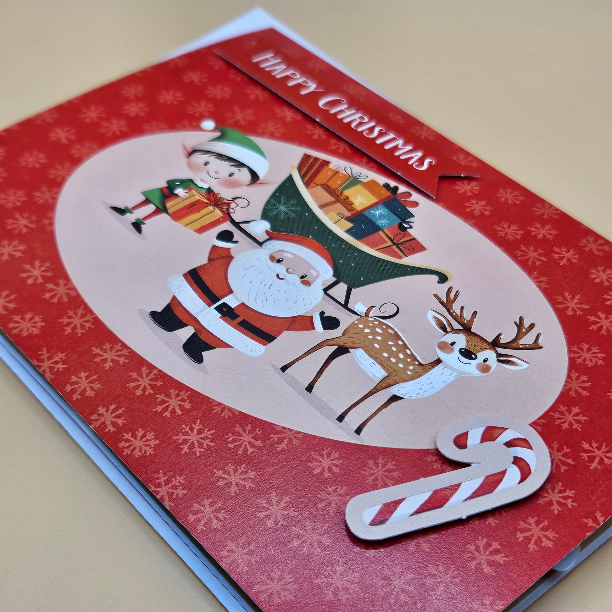 Handmade Pop-Up Christmas Card, Santa's Workshop with Elves and Reindeer Tiddly Pom Cards