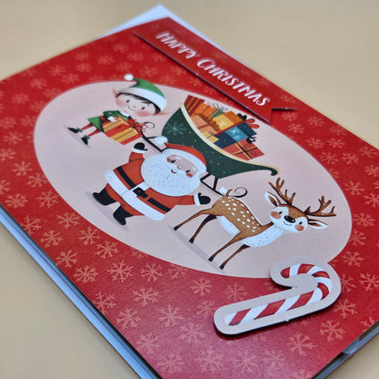 Handmade Pop-Up Christmas Card, Santa's Workshop with Elves and Reindeer Tiddly Pom Cards