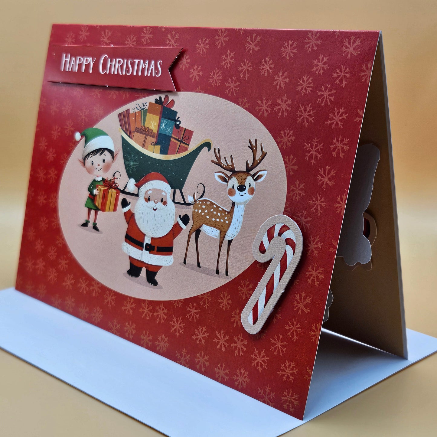 Handmade Pop-Up Christmas Card, Santa's Workshop with Elves and Reindeer Tiddly Pom Cards