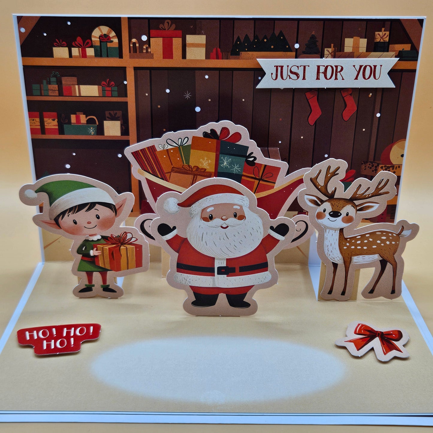 Handmade Pop-Up Christmas Card, Santa's Workshop with Elves and Reindeer Tiddly Pom Cards