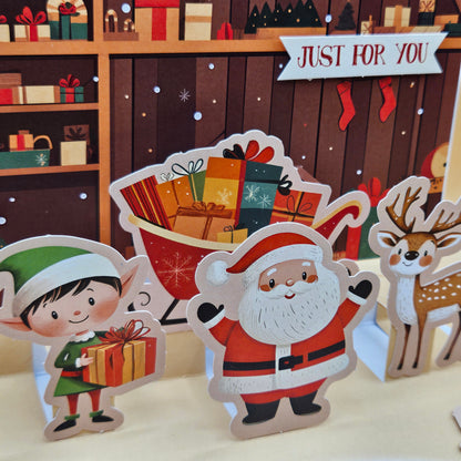 Handmade Pop-Up Christmas Card, Santa's Workshop with Elves and Reindeer Tiddly Pom Cards