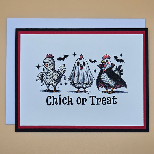 Handmade Halloween Card, Funny Chicken Greeting Card, “Chick or Treat”