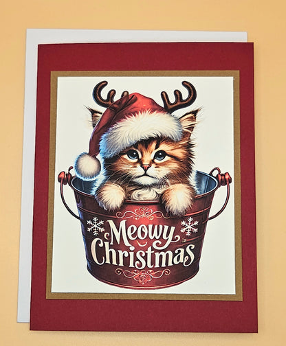 Handmade Christmas Card, Funny “Meowy Christmas” Holiday Greeting Card for Cat Lovers