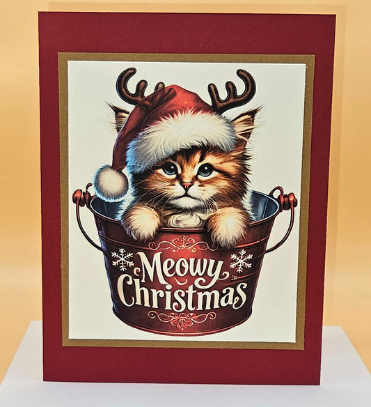 Handmade Christmas Card, Funny “Meowy Christmas” Holiday Greeting Card for Cat Lovers