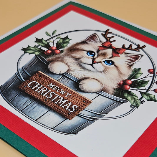 Handmade Christmas Card, Holiday Greeting Card for Cat Lovers, Meowy Christmas Kitten in Silver Bucket