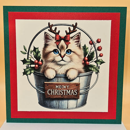 Handmade Christmas Card, Holiday Greeting Card for Cat Lovers, Meowy Christmas Kitten in Silver Bucket