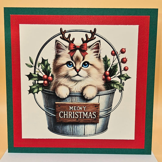 Handmade Christmas Card, Holiday Greeting Card for Cat Lovers, Meowy Christmas Kitten in Silver Bucket