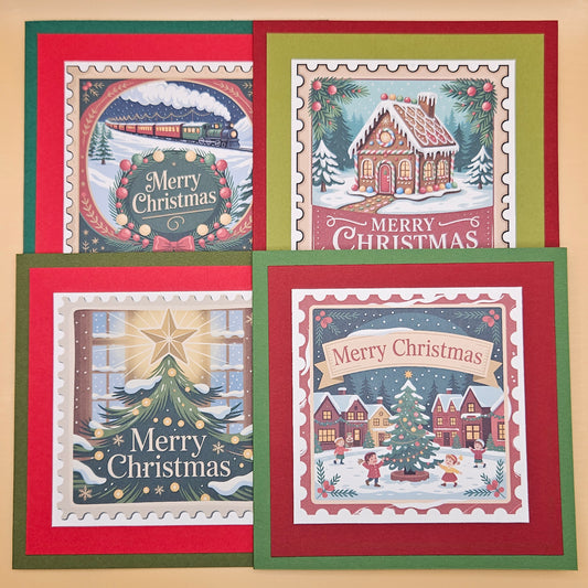 Handmade Christmas Card Bundle, Vintage Stamp Holiday Greeting Cards set of 4, Classic Train, Gingerbread, Tree & Village Designs