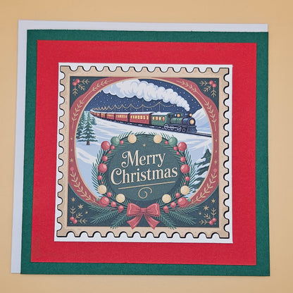 Handmade Christmas Card, Holiday Train Greeting Card, Vintage Stamp Design
