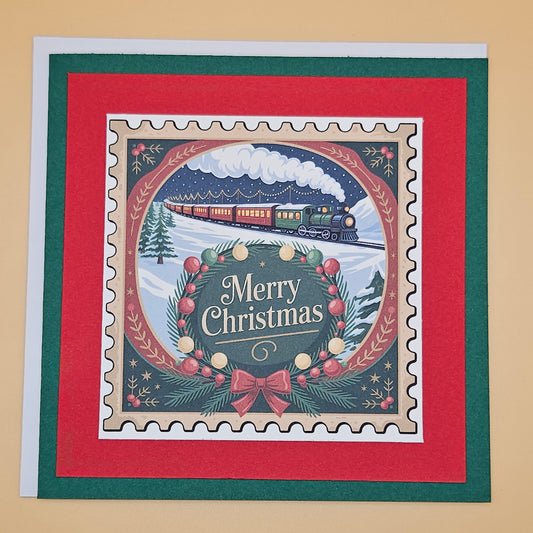 Handmade Christmas Card, Holiday Train Greeting Card, Vintage Stamp Design
