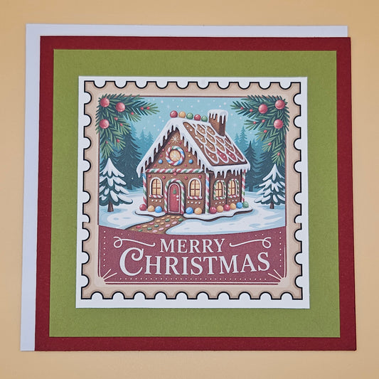 Handmade Christmas Card, Vintage Gingerbread House Stamp, Holiday Greeting Card