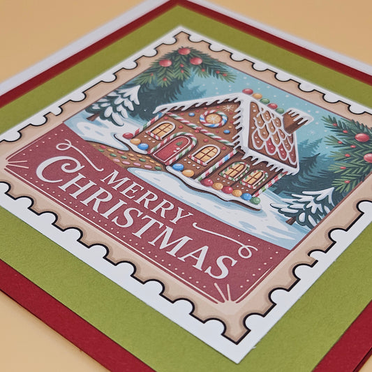 Handmade Christmas Card, Vintage Gingerbread House Stamp, Holiday Greeting Card