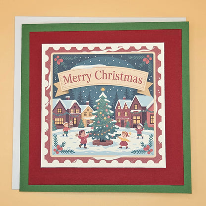 Handmade Christmas Card, Vintage Stamp Holiday Greeting Card, Village Tree