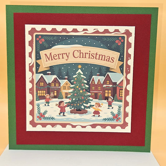 Handmade Christmas Card, Vintage Stamp Holiday Greeting Card, Village Tree