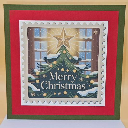 Handmade Christmas Card, Vintage Stamp Holiday Greeting Card, Star Tree