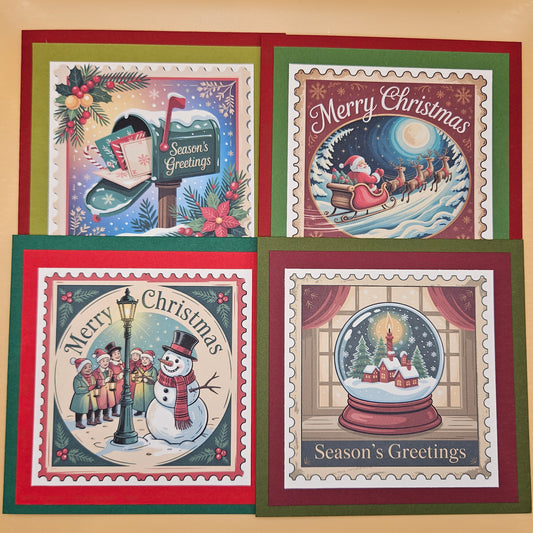 Handmade Christmas Card Bundle, Vintage Stamp Holiday Greeting Cards set of 4, Santa Sleigh, Snow Globe, Snowman & Mailbox Designs