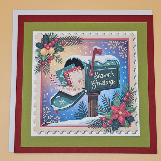 Handmade Christmas Card, Vintage Stamp Holiday Greeting Card, Seasons Greetings Mailbox