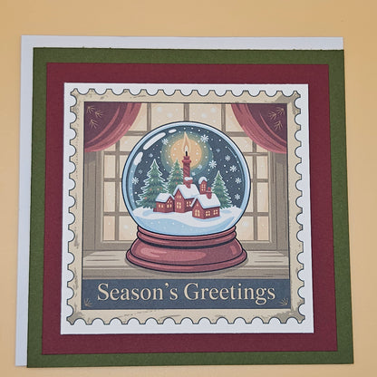 Handmade Christmas Card, Vintage Stamp Holiday Greeting Card, Snow Globe