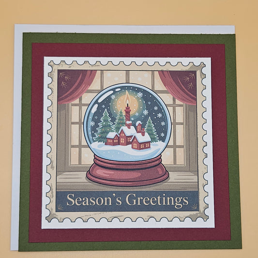 Handmade Christmas Card, Vintage Stamp Holiday Greeting Card, Snow Globe
