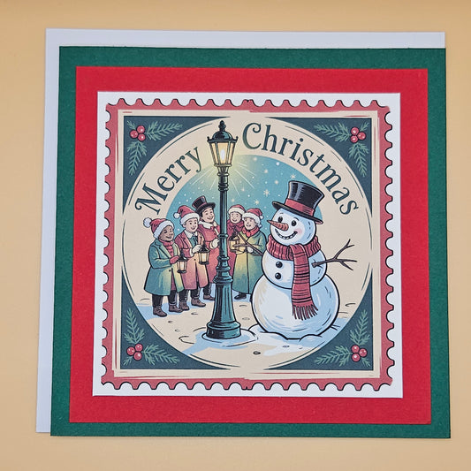 Handmade Christmas Card, Vintage Stamp Holiday Greeting Card, Snowman Carolers