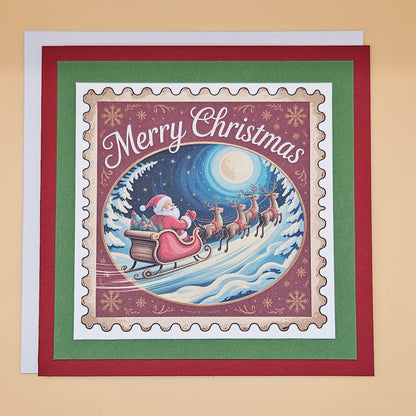 Handmade Christmas Card, Vintage Stamp Holiday Greeting Card, Santa Sleigh