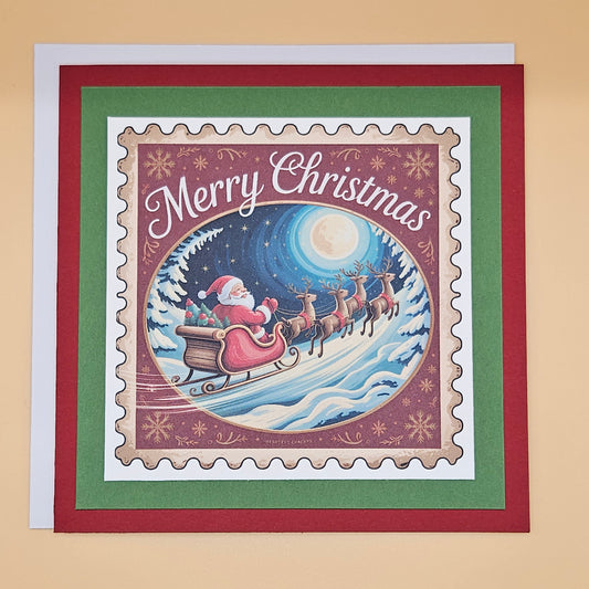 Handmade Christmas Card, Vintage Stamp Holiday Greeting Card, Santa Sleigh