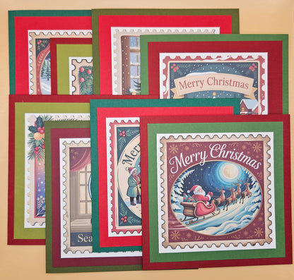 Handmade Christmas Card Bundle, Vintage Stamp Holiday Greeting Cards set of 8, Nostalgic