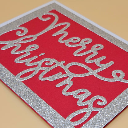Handmade Merry Christmas Card, Silver Glitter Holiday Greeting Card
