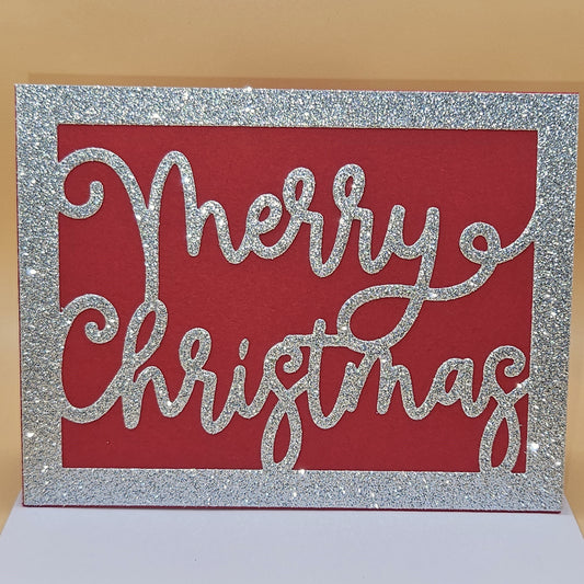 Handmade Merry Christmas Card, Silver Glitter Holiday Greeting Card