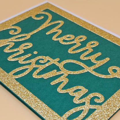 Handmade Merry Christmas Card, Gold Glitter Holiday Greeting Card