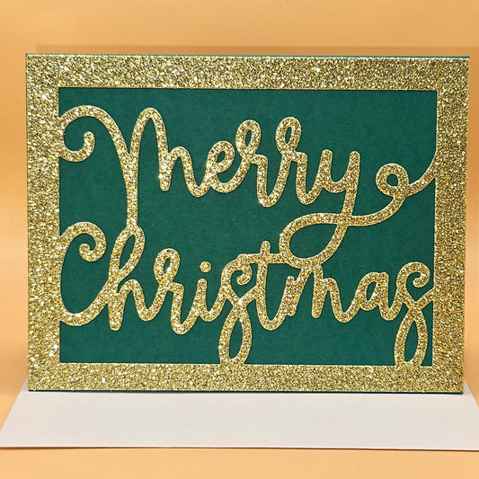 Handmade Merry Christmas Card, Gold Glitter Holiday Greeting Card