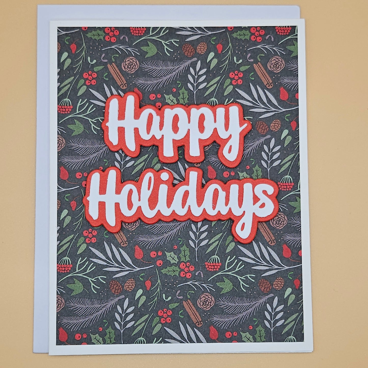 Handmade Christmas Card, Happy Holidays Greeting Card, Pinecone & Berry Design