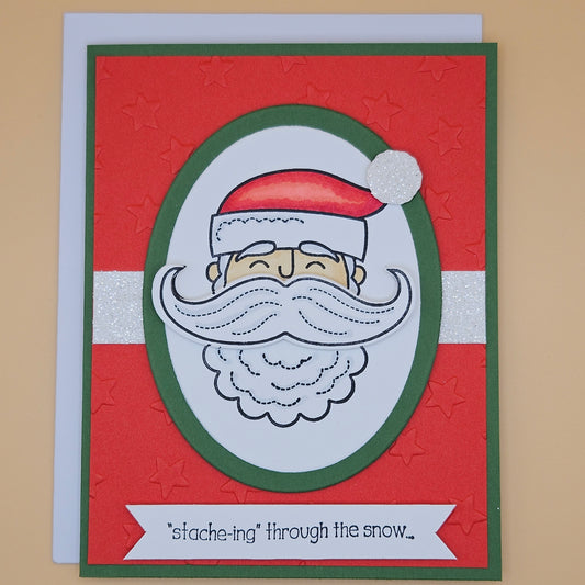 Handmade Funny Christmas Card, Santa Mustache Holiday Pun Greeting Card, “Stache-ing Through the Snow”