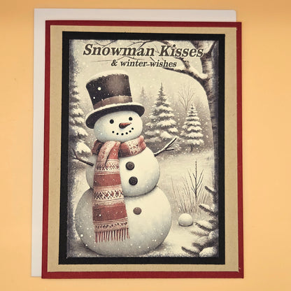 Handmade Christmas Card, Snow Scene Greeting Card Gift for Him/Her, Snowman Kisses, Cozy Winter Wishes