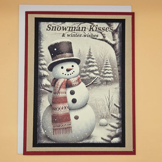 Handmade Christmas Card, Snow Scene Greeting Card Gift for Him/Her, Snowman Kisses, Cozy Winter Wishes