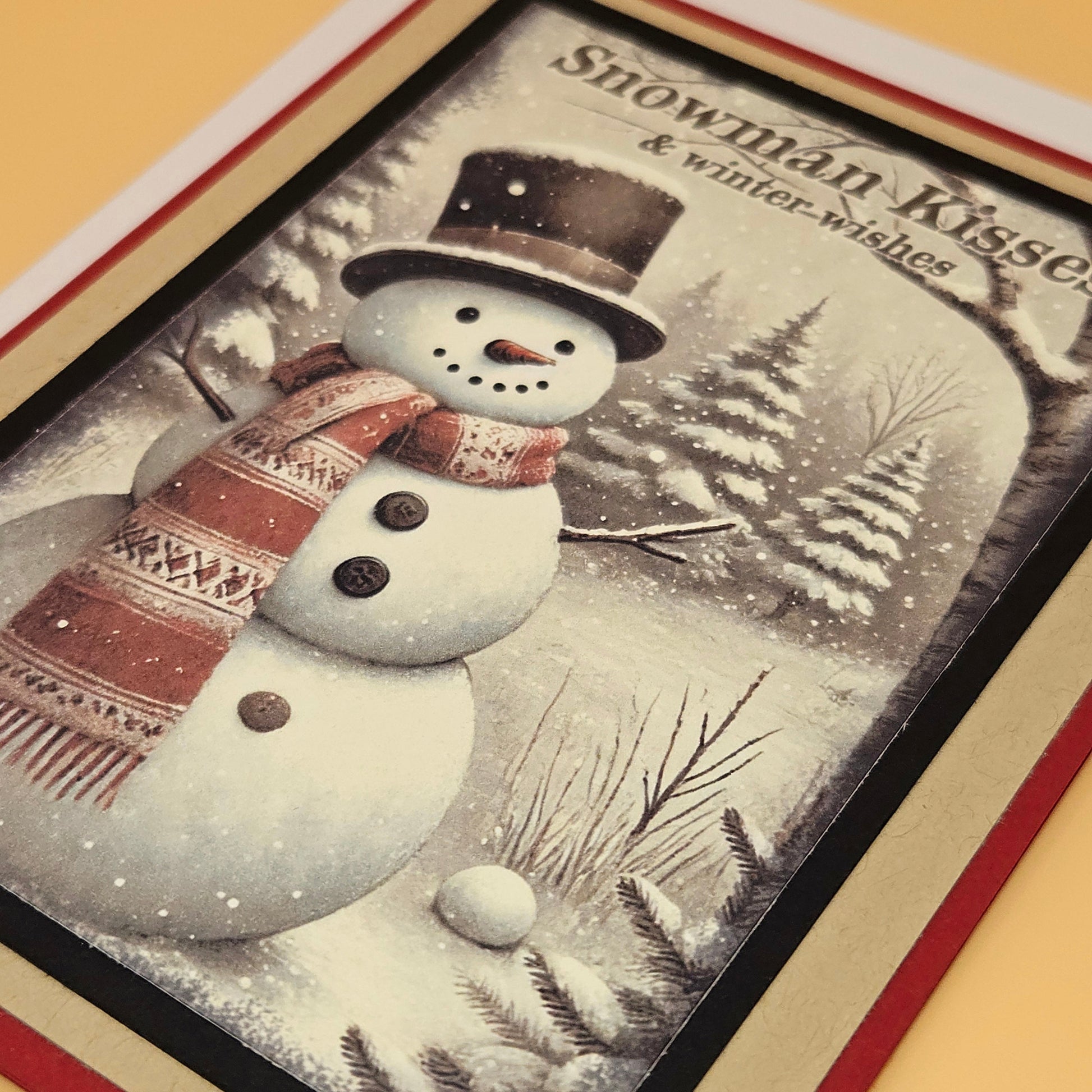Handmade Christmas Card, Snow Scene Greeting Card Gift for Him/Her, Snowman Kisses, Cozy Winter Wishes Tiddly Pom Cards
