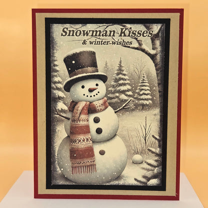 Handmade Christmas Card, Snow Scene Greeting Card Gift for Him/Her, Snowman Kisses, Cozy Winter Wishes