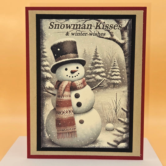 Handmade Christmas Card, Snow Scene Greeting Card Gift for Him/Her, Snowman Kisses, Cozy Winter Wishes