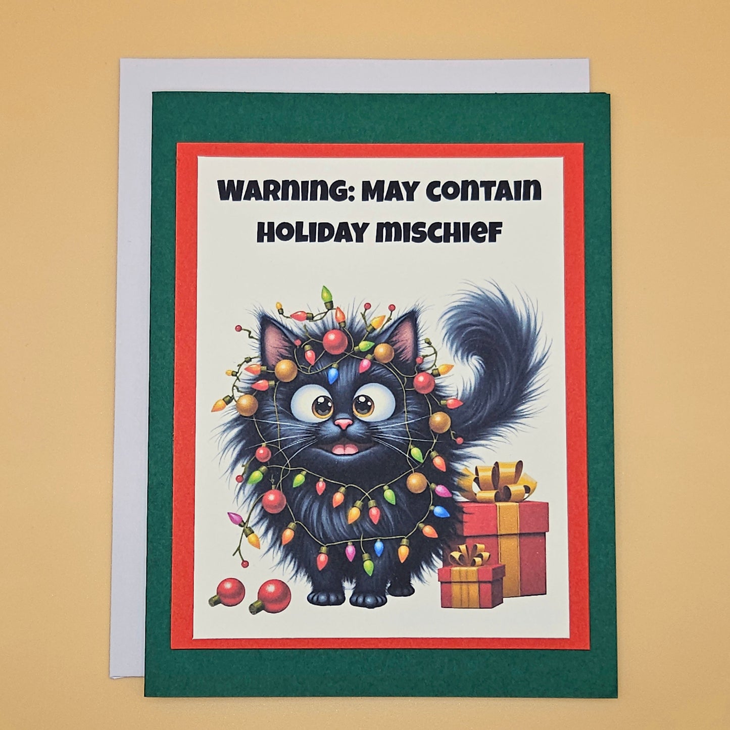 Handmade Christmas Card, Funny Cat Holiday Greeting with Playful Message inside, Warning May Contain Mischief