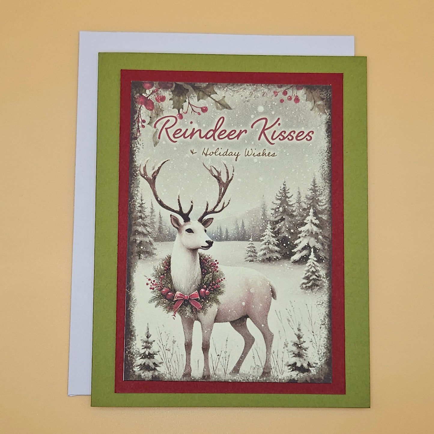 Handmade Christmas Card, Reindeer Kisses Holiday Wishes Greeting Card with Heartfelt Message Inside, Keepsake Christmas Gift for Loved Ones