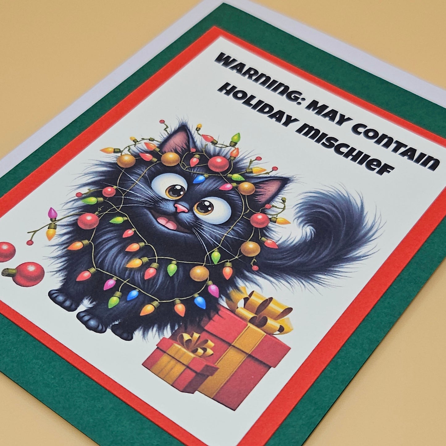 Handmade Christmas Card, Funny Cat Holiday Greeting with Playful Message inside, Warning May Contain Mischief