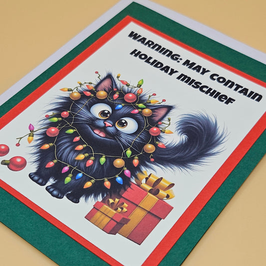 Handmade Christmas Card, Funny Cat Holiday Greeting with Playful Message inside, Warning May Contain Mischief Tiddly Pom Cards